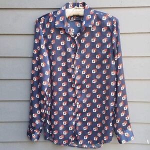 Zara Red White Blue Button Down Long Sleeve Blouse see measurements